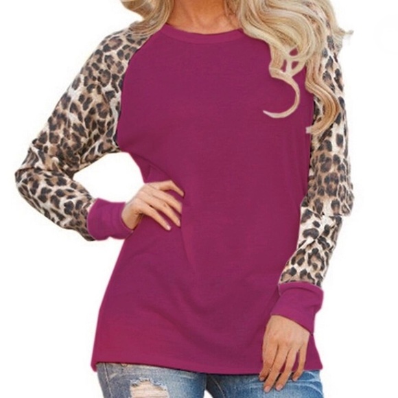 🔴ONE DAY SALE! Magenta Leopard Print Sleeve Shirt - Picture 2 of 6